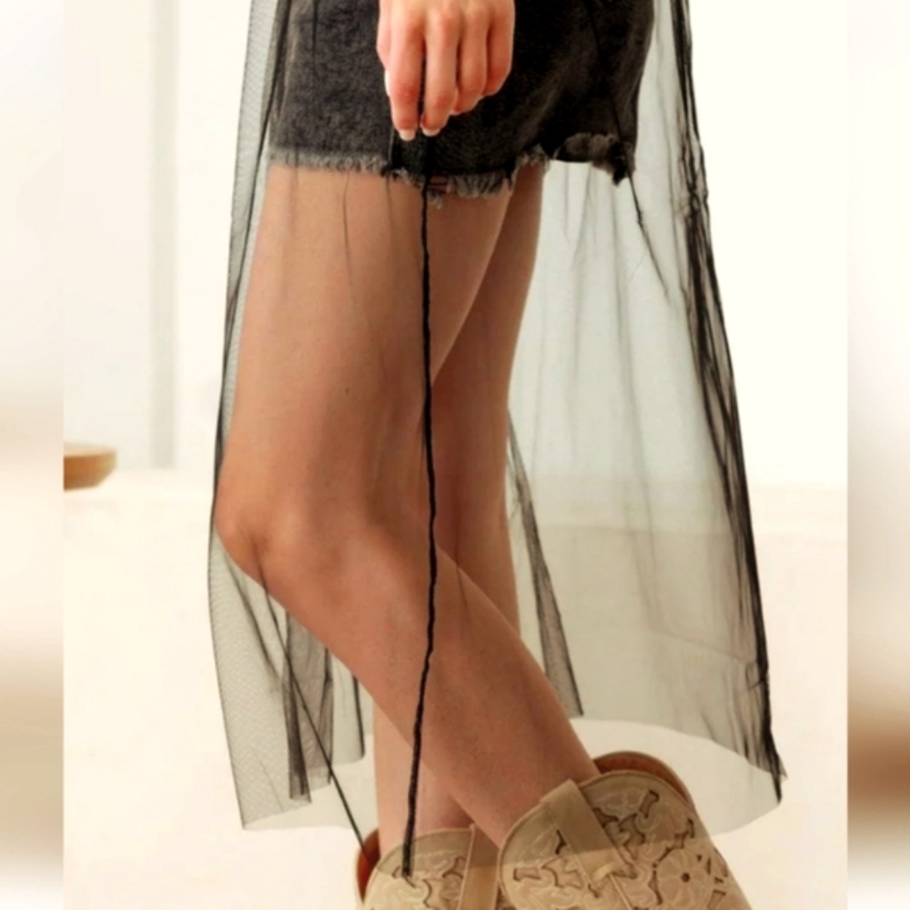 Black denim distressed mini skirt with tulle mesh overlay - Picture 4 of 11